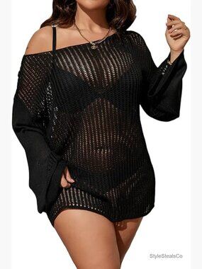 Plus Size Sheer Mesh Long Sleeve Cover Up Dress Boat Neck Swimwear